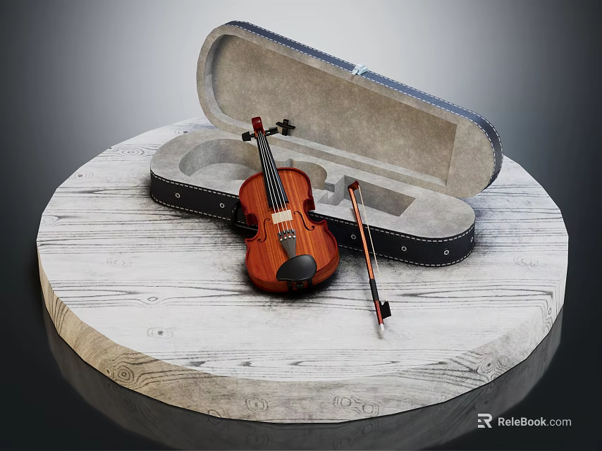 Classic Violin In Open Case With Bow Placed On Round Wooden Platform 3d model