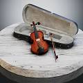 Classic Violin In Open Case With Bow Placed On Round Wooden Platform 3d model