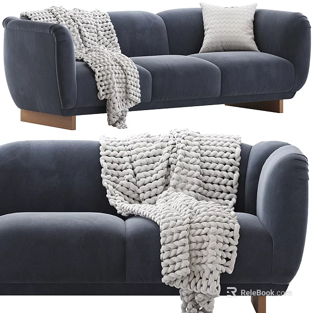Navy Blue Three Seater Sofa With White Knitted Blanket And Wooden Legs 3d model 