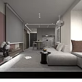 Modern Cozy Open Plan Living And Dining Room Interior With Comfortable Sofa And Breakfast Bar