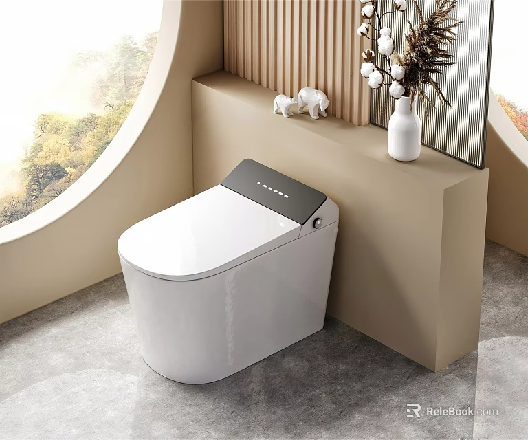 Modern White Smart Toilet Design With Beige Counter Vase Decor And Round Window View 3d model 