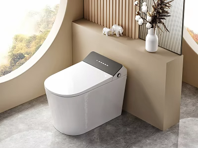 Modern White Smart Toilet Design With Beige Counter Vase Decor And Round Window View 3d model
