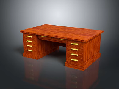 Traditional Wooden Office Desk With Brown Top And Gold Handle Drawers 3d model