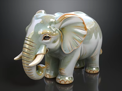 Ceramic Elephant Figurine With Green And White Glaze For Home Decoration 3d model