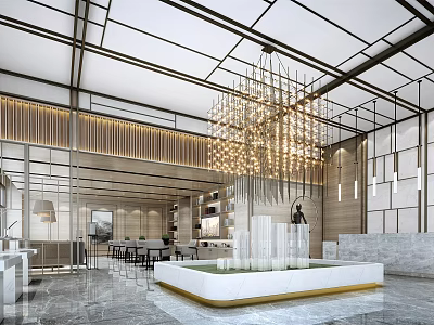 Modern Sales Office With Large Chandelier Central Water Feature Marble Flooring And Glass Walls 3d model