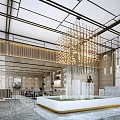 Modern Sales Office With Large Chandelier Central Water Feature Marble Flooring And Glass Walls