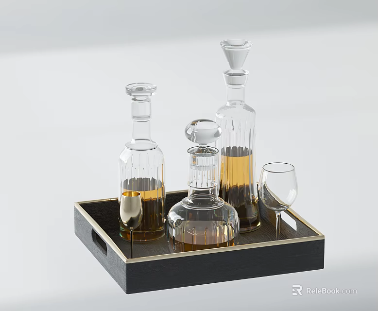 Elegant Ceramic Vessels On Black Tray With Gold Edge And Yellow Liquid Glass Cup 3d model 