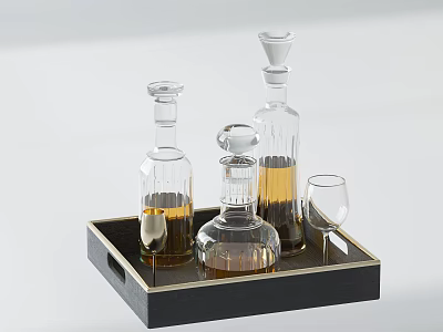 Elegant Ceramic Vessels On Black Tray With Gold Edge And Yellow Liquid Glass Cup 3d model