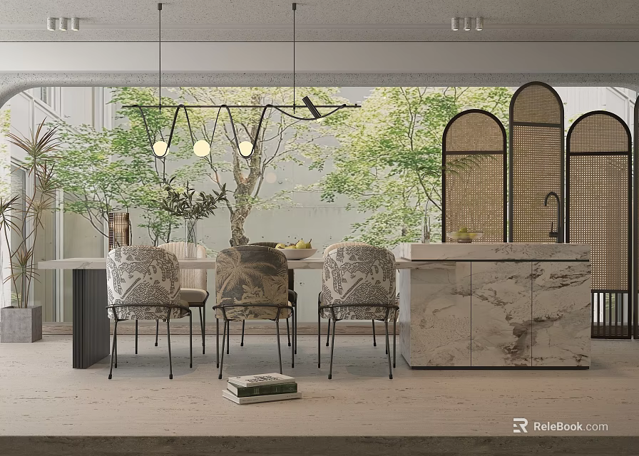 Modern Elegant Restaurant Interior With Dining Table Chairs Hanging Lights Green Plants And Marble Counter 3d model 