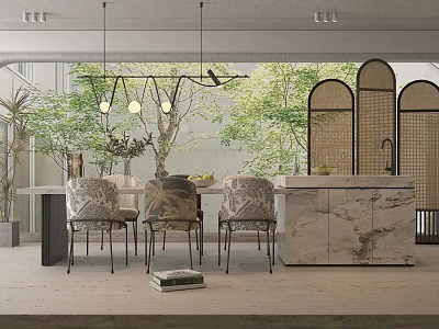 Modern Elegant Restaurant Interior With Dining Table Chairs Hanging Lights Green Plants And Marble Counter 3d model