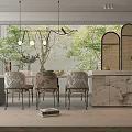 Modern Elegant Restaurant Interior With Dining Table Chairs Hanging Lights Green Plants And Marble Counter