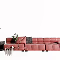 Red Leather Multi Seater Sofa with Black Side Table Pendant Light and Plaid Cushions