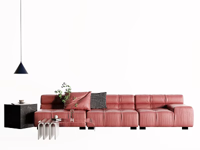 Red Leather Multi Seater Sofa with Black Side Table Pendant Light and Plaid Cushions 3d model