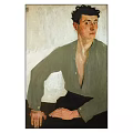 Portrait of Male Figure in Green Shirt Sitting in Oil Painting Artwork