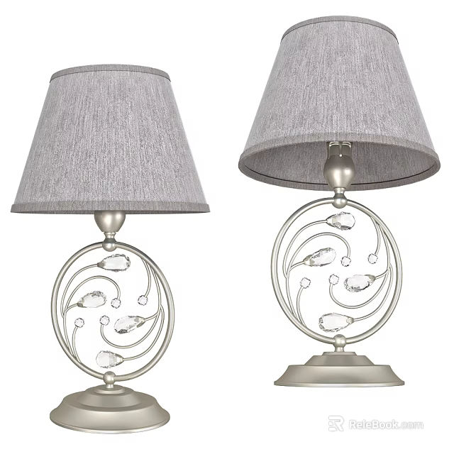 Two Modern Table Lamps with Gray Fabric Shades and Ornate Metal Bases for Home Decor 3d model 