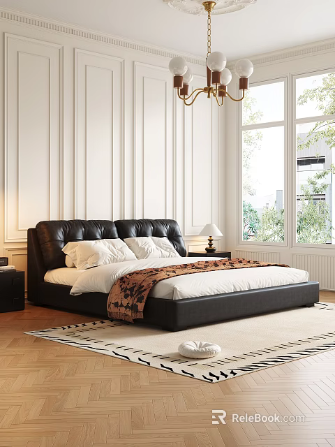 Modern Double Bed With Leather Headboard Nightstand And Decorative Blanket 3d model 