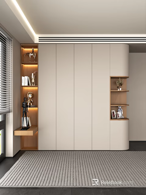 Modern Minimalist Light Beige Wardrobe With Wooden Display Shelves And Storage Design 3d model 