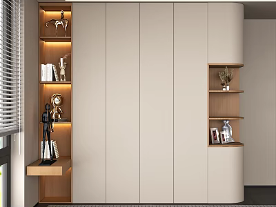 Modern Minimalist Light Beige Wardrobe With Wooden Display Shelves And Storage Design 3d model