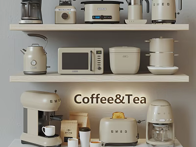 Stylish Kitchen Appliances Display With Coffee Tea Makers And Toasters On Shelves 3d model