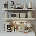 Stylish Kitchen Appliances Display With Coffee Tea Makers And Toasters On Shelves