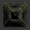 Futuristic Geometric Polyhedron Sculpture With Yellow Black Mechanical Silhouettes And Starry Patterns
