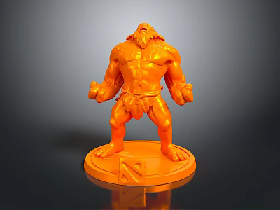 Game Movie Character Muscular Orange Barbarian Warrior With Fur Clothing Bearded Round Base And Symbol 3d model