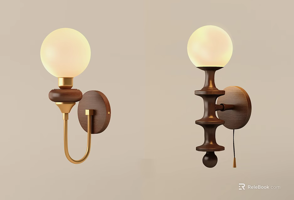 Modern Wall Lamps With Wooden Base Gold Metal And White Spherical Shade 3d model 