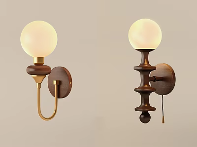 Modern Wall Lamps With Wooden Base Gold Metal And White Spherical Shade 3d model