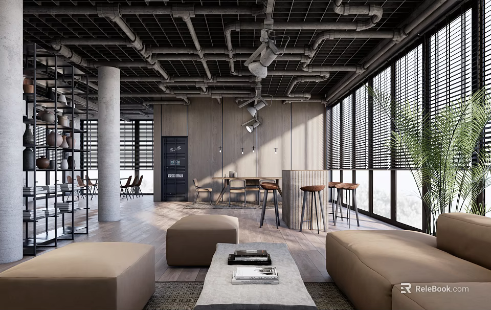 Modern Lounge Area With Exposed Ceiling Pipes Large Windows Sofas Coffee Table And Wooden Flooring 3d model 