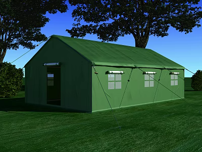 Green Camping Tent With Door Windows In Outdoor Grass And Trees 3d model