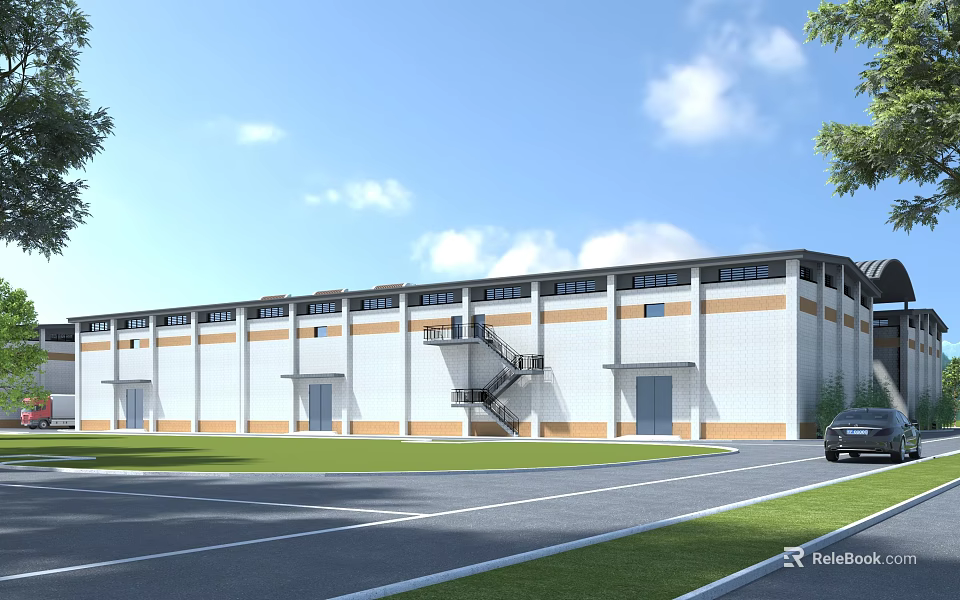 Modern Industrial Factory Building with White Orange Exterior and Parking Area 3d model 