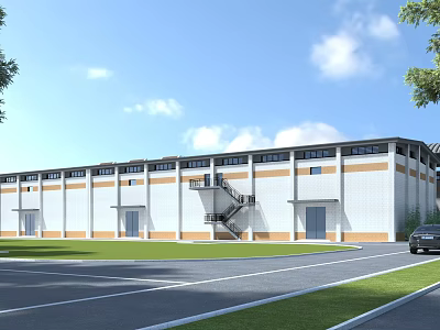 Modern Industrial Factory Building with White Orange Exterior and Parking Area 3d model