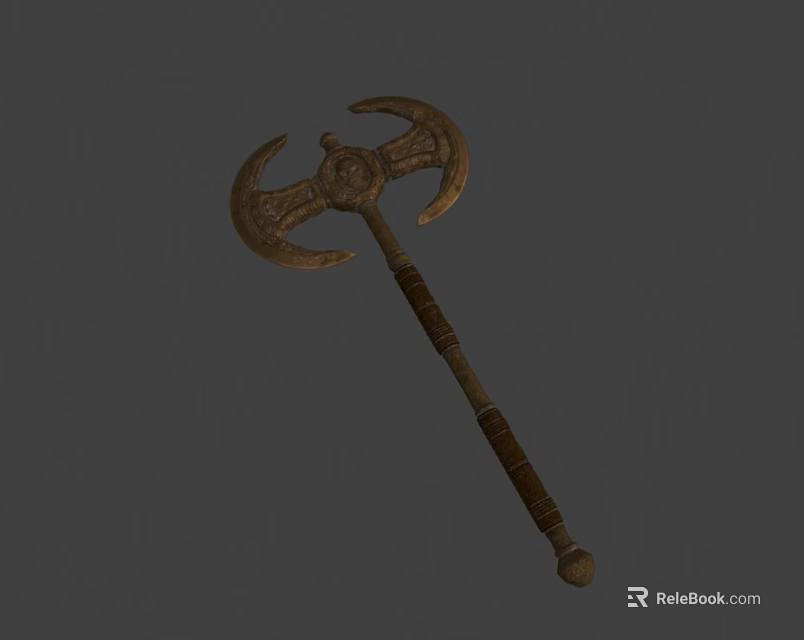 Medieval Double Bladed Axe With Wooden Handle And Intricate Metal Blades 3d model 