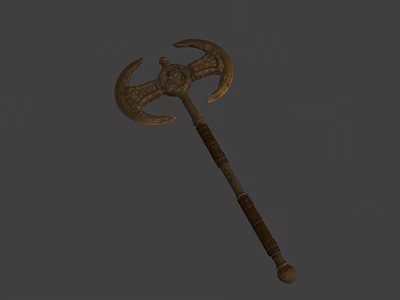 Medieval Double Bladed Axe With Wooden Handle And Intricate Metal Blades 3d model