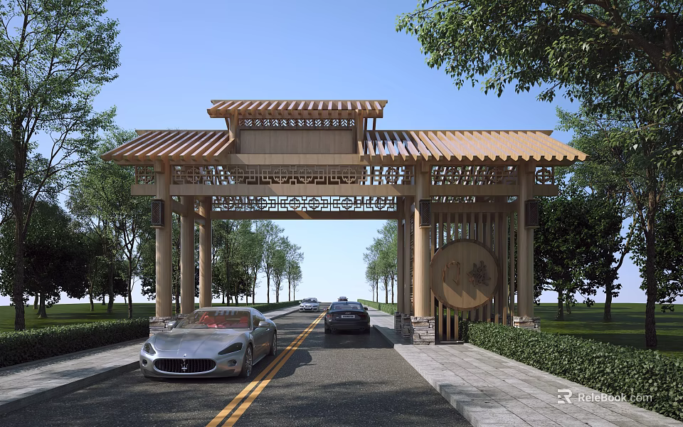 Traditional Wooden Entrance Gate With Ornate Roof Surrounded By Trees And Cars On Road 3d model 