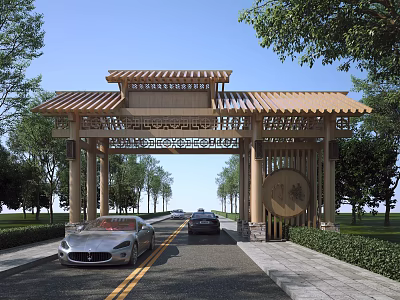 Traditional Wooden Entrance Gate With Ornate Roof Surrounded By Trees And Cars On Road 3d model