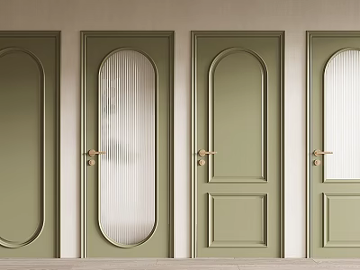 Sleek Green Hinged Doors With Various Glass Panels And Golden Handles 3d model