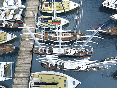Scenic View Of Various Yachts Moored At Wooden Dock On Calm Water 3d model