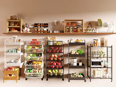 Practical Metal and Wooden Storage Shelves with Fruits Vegetables Jars and Microwave for Kitchen Organization 3d model