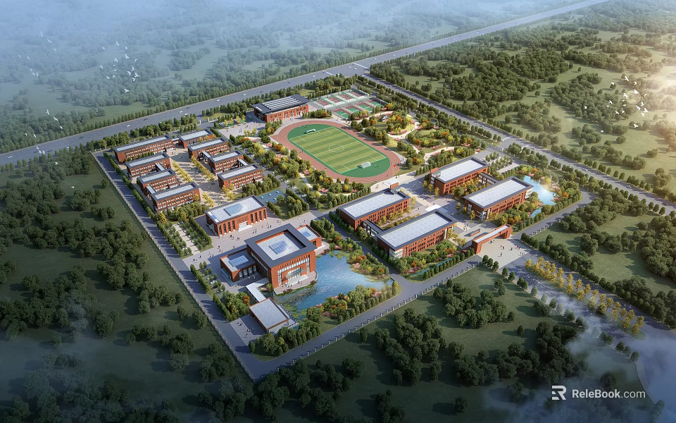 Modern School Buildings Complex With Football Field Greenery And Water Pond 3d model 