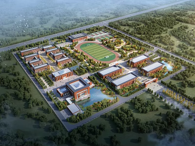 Modern School Buildings Complex With Football Field Greenery And Water Pond 3d model