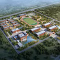 Modern School Buildings Complex With Football Field Greenery And Water Pond