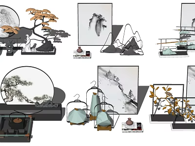 Traditional Chinese Decorative Ornament Set With Pine Tree Landscape Painting Rockery And Lantern Shaped Ornaments 3d model