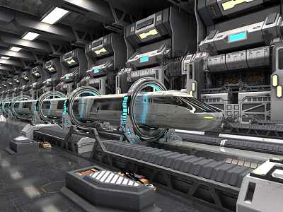 Futuristic High Speed Train in Sleek Metallic Station With Glowing Blue Lights And Advanced Machinery 3d model