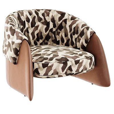 Stylish Single Sofa With Camouflage Pattern Fabric And Brown Leather Armrests 3d model