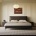 Modern Minimalist Bedroom Interior With Platform Bed Nightstands Area Rug Decorative Painting And Pendant Light