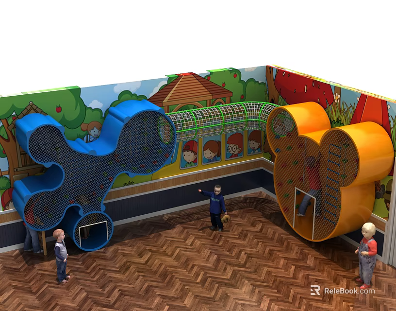 Colorful Indoor Playground Equipment with Climbing Structure Tunnel and Cartoon Murals for Kids 3d model 