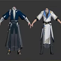 Men In Traditional Blue And White Robes With Belt Details And Long Sleeves