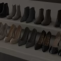 Various Styles And Colors Of Boots High Heels Neatly Arranged On White Stepped Display Shelf