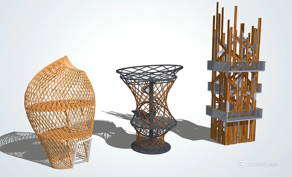 Creative Modern Roadside Facilities Featuring Woven Metal Frame And Wooden Structures 3d model